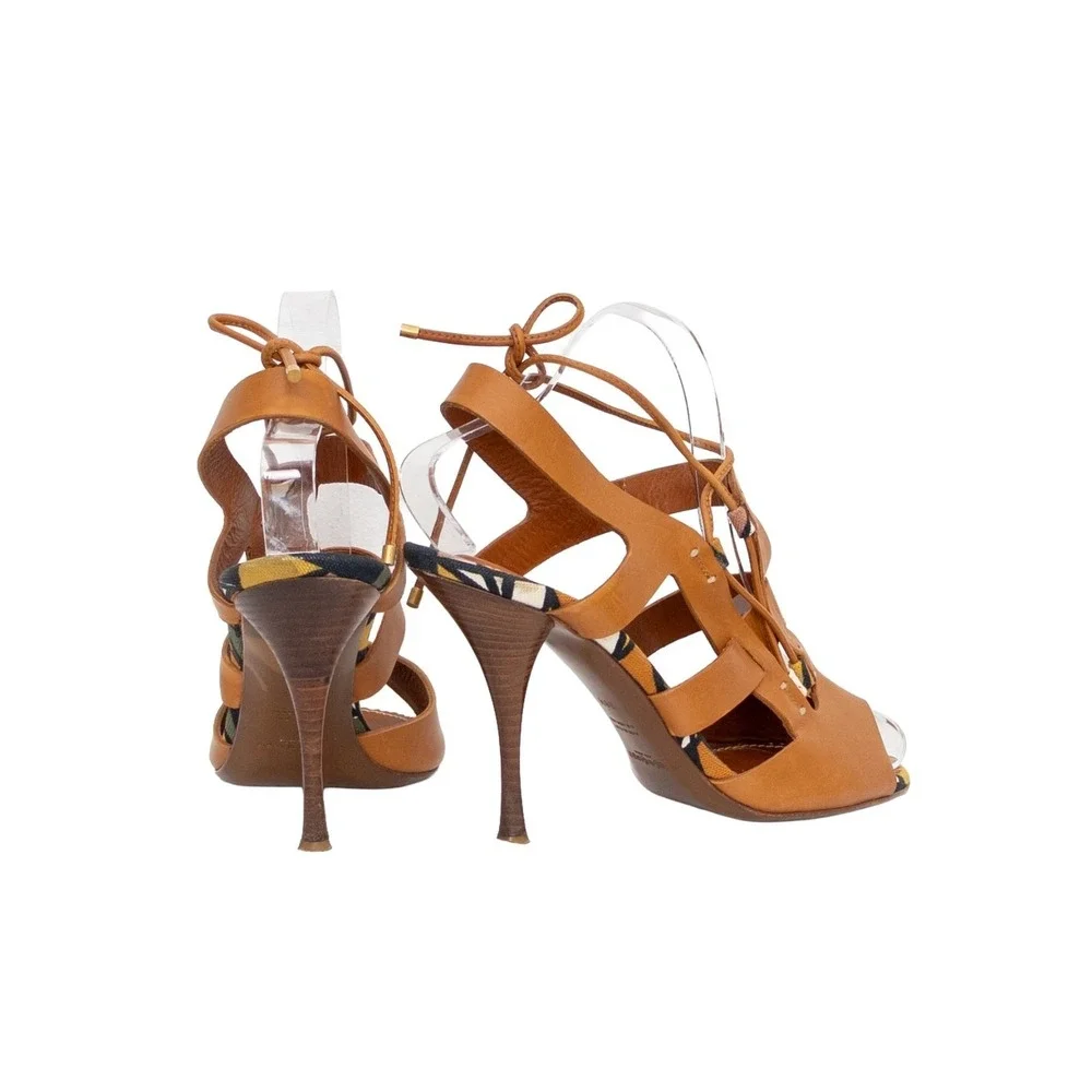Yves Saint Laurent YSL Brown Leather Lace-Up‎ Sandal Heels Size EU 38.5 US 8.5